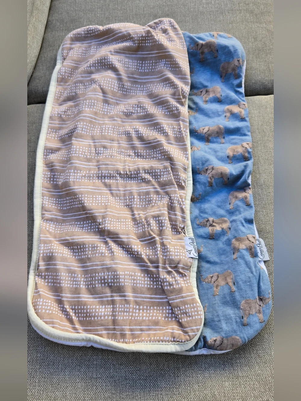 Copper Pearl Cotton Reversible Baby Burp Cloth - Elephant & Neutral Stripe